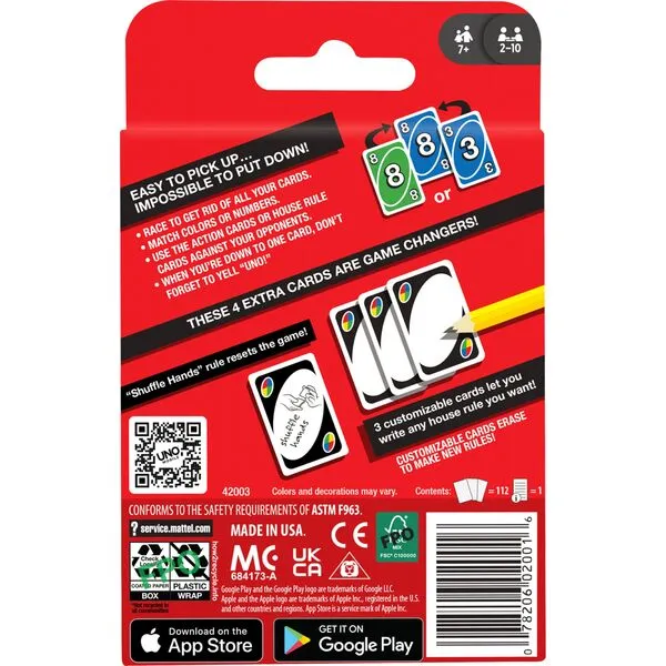 Mattel Games UNO Card Game, Multi, 8 x 3-3/4 x 81/100 in (42003)