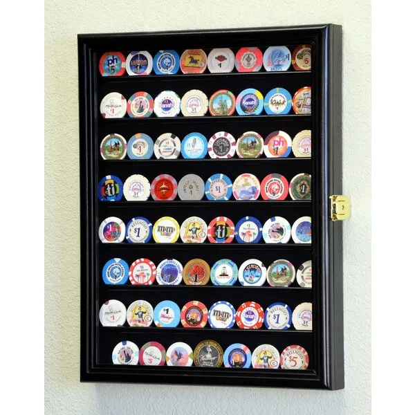 64 Casino Chip Coin Display Case Cabinet Chips Holder Wall Rack 98% UV Lockable