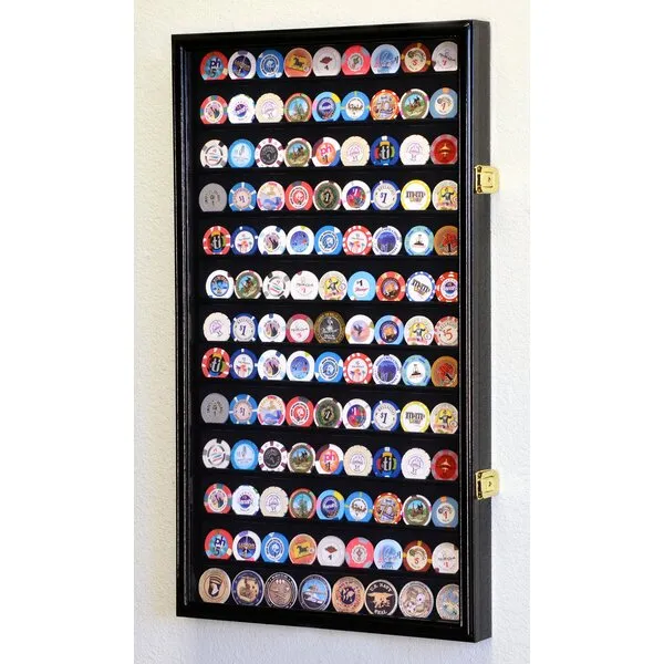 Large Casino Coin Chips Display Case Cabinet Holder 98% UV Locks Holds 117 Coins, Black