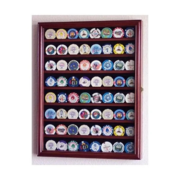 64 Casino Chip Coin Display Case Cabinet Chips Holder Wall Rack 98% UV Lockable -Cherry