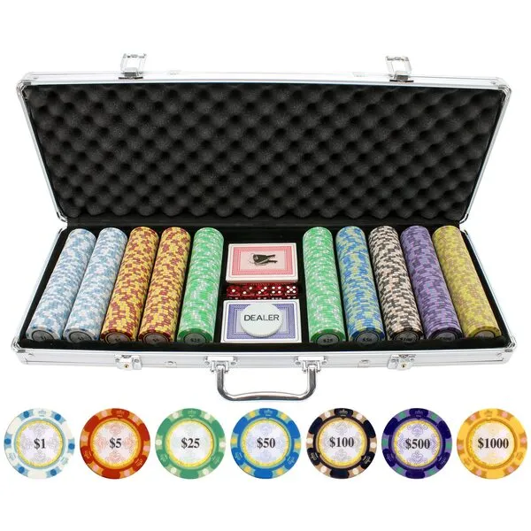 Versa Games 500pc 13.5g Clay Poker Chip Set - Casino Grade 13.5g Poker Chips, 7 Color Chip Denomination - 2 Decks of Cards, Dice, Dealer Button Monte Carlo Poker Chips Set