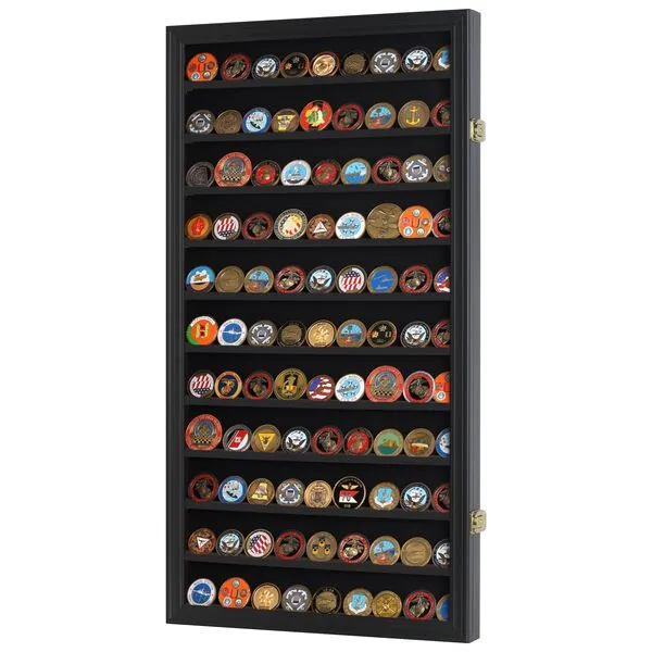 DisplayGifts Military Challenge Coin Display Case Poker Chips Holder Wall Cabinet Showcase Storage Rack with 11 shelves for coin collection wall Mount Black Finish Frame