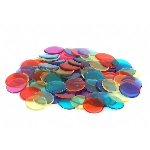 Hygloss Products, Inc 100-pk Chips-Plastic Color Bingo Supplies Discs for Counting, Game Tokens, Markers-Translucent, 7/8