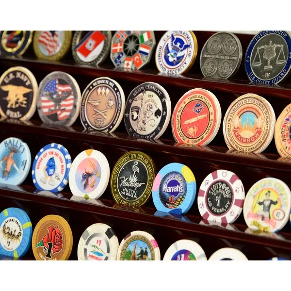 4 Rows 40 Challenge Coin/Casino Chip Display Case Rack Holder Stand Solid Wood -Walnut Finish
