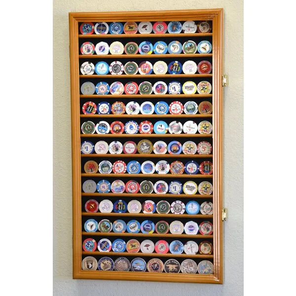 117 L Casino Chip Coin Display Case Cabinet Chips Holder Wall Rack 98% UV Lockable, Oak