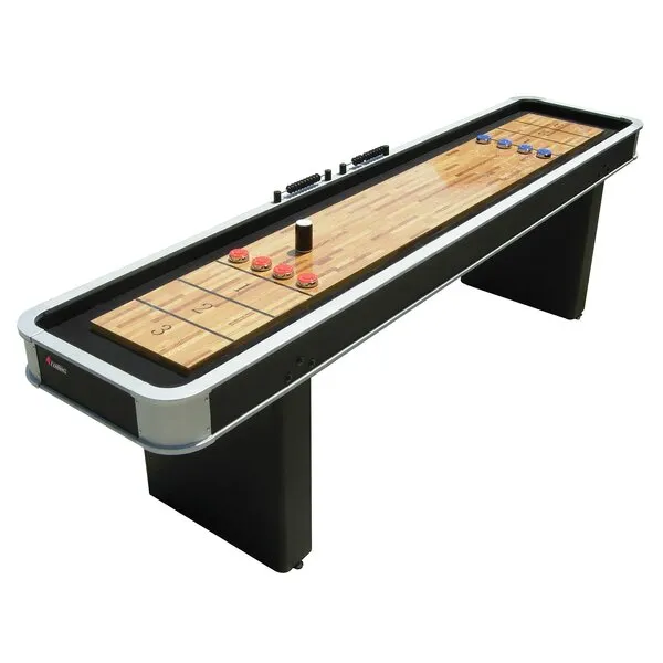 Atomic 9’ LED Shuffleboard Tables with Poly-Coated Playing Surface for Smooth, Fast Puck Action and Pedestal Legs with Levelers for Optimum Stability and Level Play