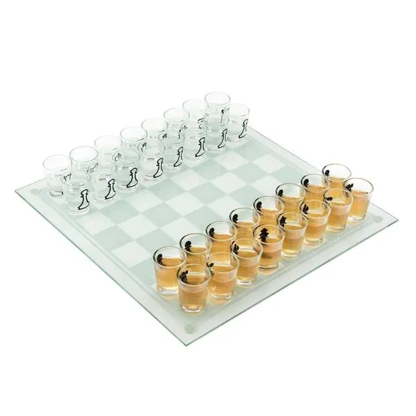 True Shot Glass Chess Game, Chess Board with Shot Glass Chess Pieces, Clear Glass and Frosted Glass, Chess Drinking Game