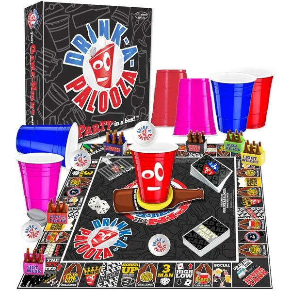 DRINK-A-PALOOZA Board Game: Fun Drinking Games for Couples Game Night, Drinking Board Game for Parties That Combines Beer Pong, Flip Cup, Kings Cup Card Game and Drinking Games