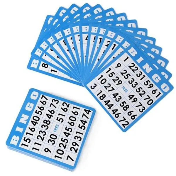50-Pack Blue Reusable Bingo Cards with Unique Numbers for 50 Players - Family Bingo Game Accessories - Use with Clear Chips