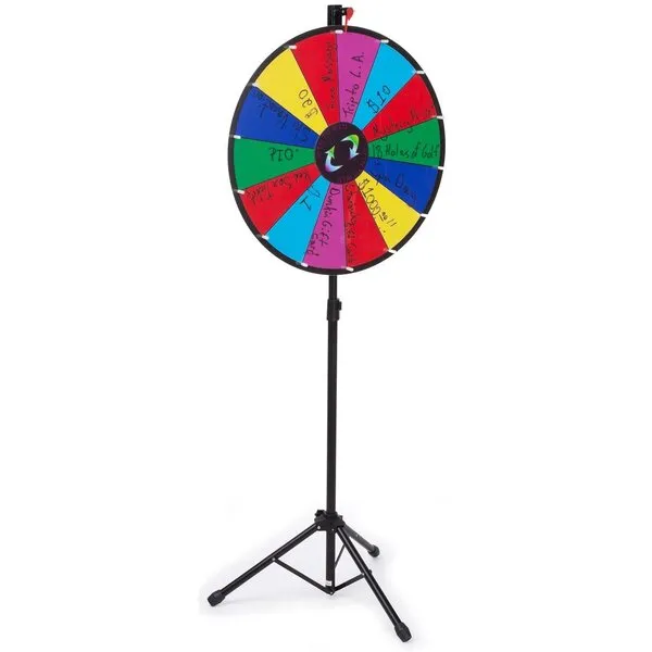 Prize Wheel with Height-Adjustable Floor Stand, 24 Inch Write-on Surface for Wet or Dry-Erase Markers, Fourteen Prize Slots, with Carrying Bag