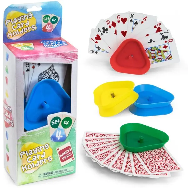 Brybelly Triangle Shaped Hands-Free Playing Card Holder, Original Version 4 Count (Pack of 1), Blue,green,red