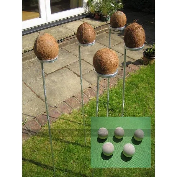 Masters Traditional Games Standard Coconut Shy Bundle. 5 Coconut Shy Posts and 15 Wooden Balls