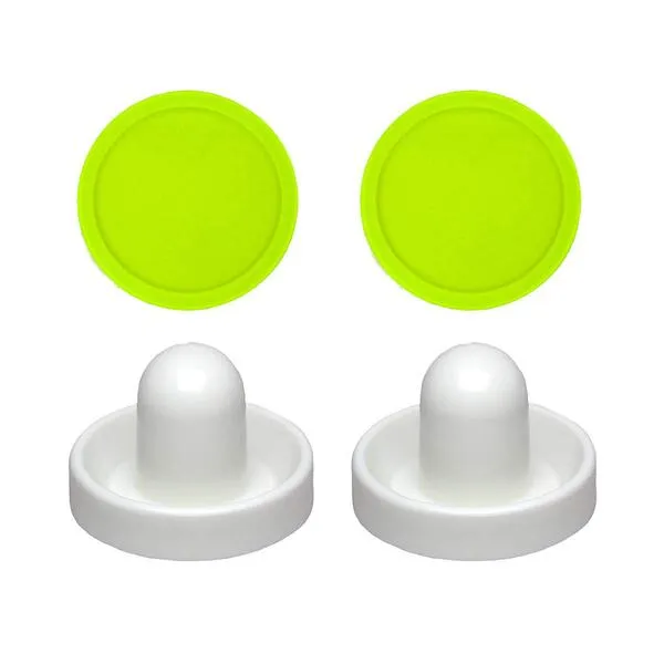 2 Commercial Hockey Fluorescent White Goalies with 2 Large Green Air Pucks