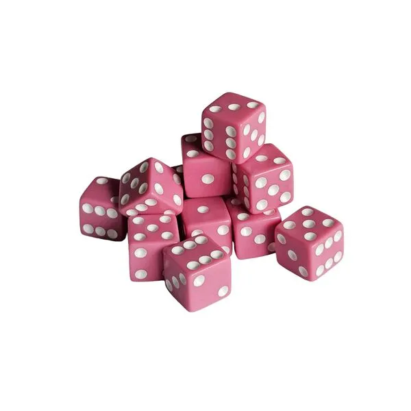 1 Dozen Square Pink Dice with White Pips (Dots) in an Organza Storeage Bag. Perfect for Bunco Supplies or Casino Themed Weddings and Parties