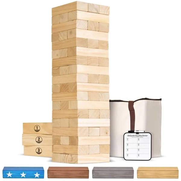 GoSports Toppling Tower - Giant Wooden Stacking Game - Stacks Up to 5 ft - Brown Wood Stain, Gray, Natural, Stars & Stripes, or Tropical Hardwood