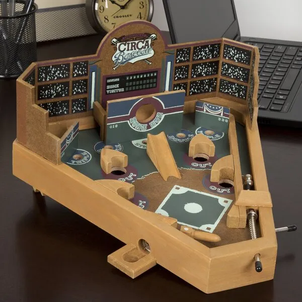 Hey! Play! Baseball Pinball Tabletop Skill Game - Classic Miniature Wooden Retro Sports Arcade Desktop Toy for Adult Collectors and Children, NULL, 13 x 12.25 x 8