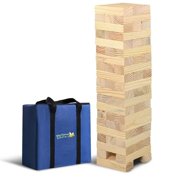 Big Game Hunters Giant Tumble Towers, 58 Piece Wooden Block Game, 5 ft. Tall Stacking Backyard Indoor Outdoor Game for Kids Adults Family, Jumbo Splinter Resistant Blocks - Carry Bag Included