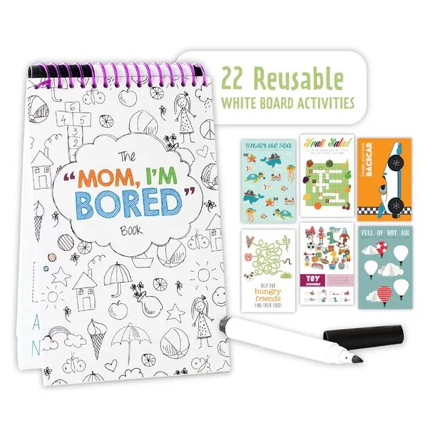 Squirrel Products Mom, I\'m Bored Children\'s Activity Book, Fun Reusable Dry Erase Toy - Roadtrip Essentials, Word Games, Screen Free Activites for Kids Ages 3 and Up - Original Version
