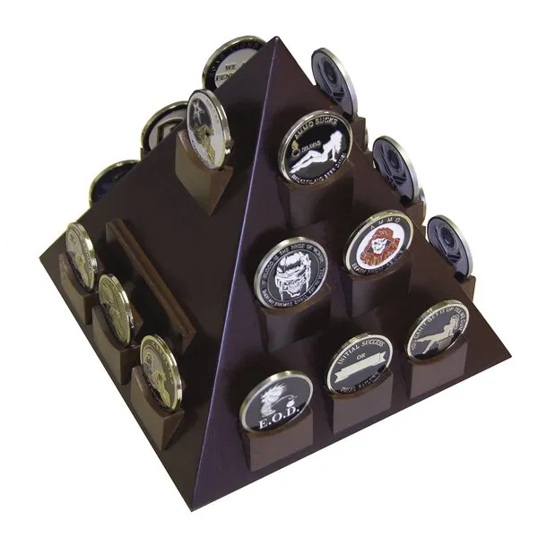 DECOMIL - Pyramid Shaped Military Challenge Coin & Poker/Casino Chip Display Solid Wood - Cherry Finish