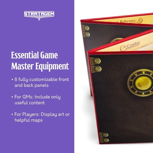 Stratagem The Master's Tome 4-Panel Customizable GM Screen with Free Inserts – Dry Erase, Dungeon & Game Master Accessory for Tabletop RPG Campaigns (Black)