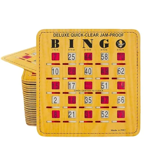 MR CHIPS Jam-Proof Quick-Clear Deluxe Fingertip Slide Bingo Cards with Sliding Windows - 50 Pack in Woodgrain Style