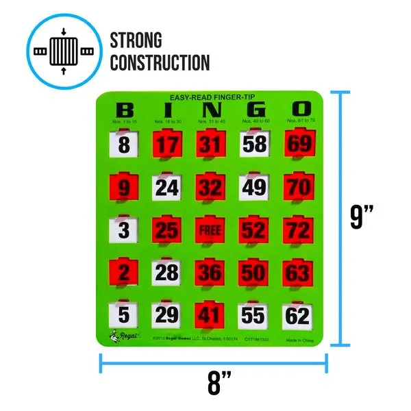 Regal Bingo - Shutter Slide Bingo Cards Only - 8” x 9” - 5-Ply Green Cardstock - Easy to Read - No Duplicates - Red Sliding Windows - Perfect for Large Groups, Bulk Purchasing