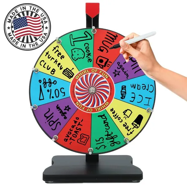 Whirl of Fun 12 Inch Prize Wheel-Spinning Wheel for Prizes with Stand, 10 Color Slots, Heavy Duty, Erasable Whiteboard Surface, Easy Assembly, Tools and Marker Included, Made in USA