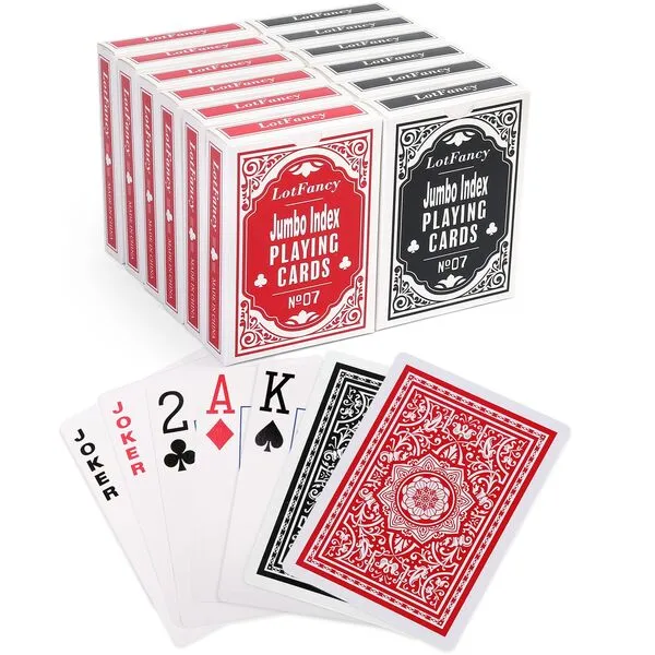LotFancy Playing Cards, Jumbo Index, 12 Decks of Cards (6 Black 6 Red), Large Print, Poker Size, for Texas Hold'em, Blackjack, Euchre Cards Games