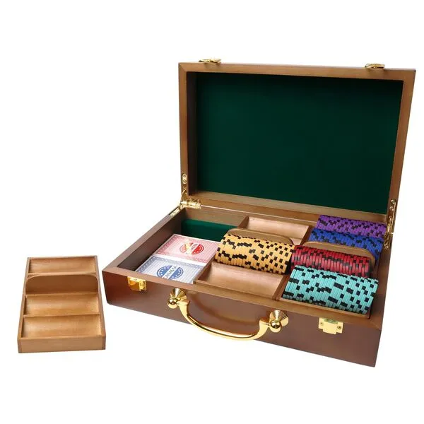 GSE Games & Sports Expert Wooden Poker Chip Case, Casino Grade Chip Holder with 3 Poker Chip Trays for Any Thickness chips, Holds 300 Chips (Walnut)