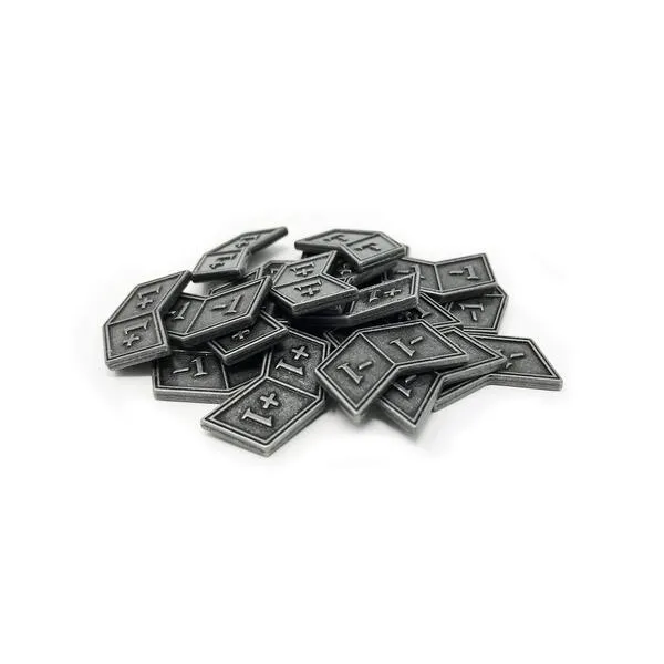 Citadel Black MTG Buff Counters +1/+1 and -1/-1 Set of 20 Metal Tokens - with Velvet Drawstring Pouch, Antique Silver Finish Metal Tokens, Magic: The Gathering, Gray