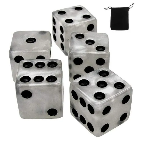 Set of (5) 16mm Dice Marbleized Standard Square Cornered with Black Velvet Cloth Pouch Bag (Pearl)