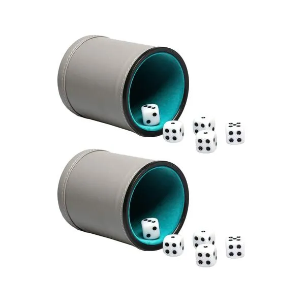 Leatherette Dice Cup Set Felt Lined with 16mm Dot Dices Shaker for Yahtzee Bar Party Dice Games - Grey,2 Pack