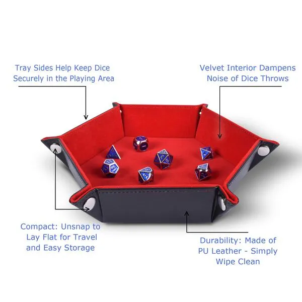 RNK Gaming Folding Hexagon Dice Tray PU Leather and Red Velvet for dice Rolling Games like DND d&d