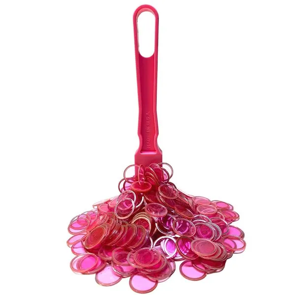 MR CHIPS Made in USA Bingo Magnetic Wand & ¾ Inch Pink Plastic Chips with Metal Rings - 100 Upgraded Pieces Bingo Chips Magnetic, Support American Jobs