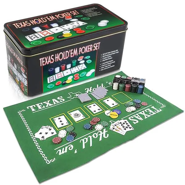 Gamie Texas Holdem Poker Game Set - includes Hold’em Mat, 2 Card Decks, Chips, Chip Holder and Tin Storage Box - Fun Game Night Supplies - Cool Casino Gift for Kids & Adults