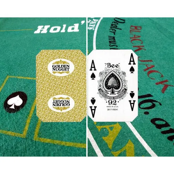Cyber-Deals Blackjack & Texas Hold’em Poker 2-Sided Premium Felt Layout 90cm x 180cm (3ft x 6ft) with Authentic Las Vegas Casino Table-Played Card Deck - Golden Nugget (Gold)
