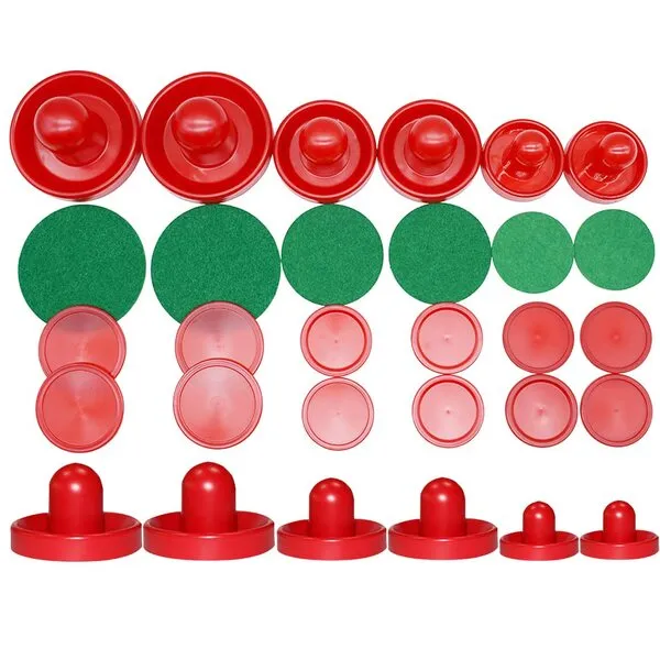 LZYMSZ Air Hockey Pushers, 6 Sets Light Weight Air Hockey Pushers and Pucks Slider Replacement Table Mallet Goalies Hockey Handles Ball, 3 Sizes Plastic Air Hockey Table Felt Pusher for Game Tables