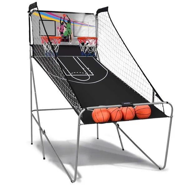 GYMAX Basketball Arcade Game Indoor, Foldable Basketball Game w/ 8 Game Modes, Arcade Sound, 4 Balls and Inflation Pump, Electronic Basketball Games for All Ages Home (Silver)