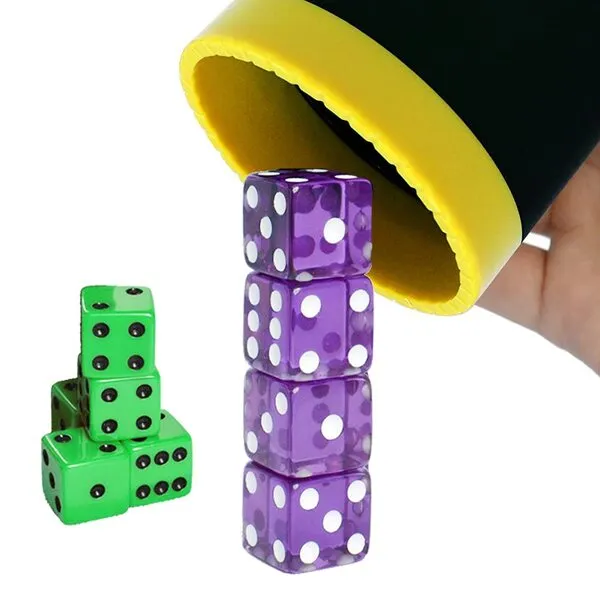 Graduation Gift Dice Stacking Cup Set with 4 Pcs 19mm Purple and 5 Pcs 18mm Green Standard 6 Sided Dices Straight Dice Cup with Storage Bag Dice Cup Shaker with Magic Tricks Instruction Black