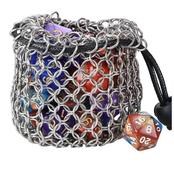 YOUSHARES Drawstring Game Dice Bag - Stainless Steel Chainmail DND Dice Pouch for Metal Polyhedral D&D Dice Set, Coin