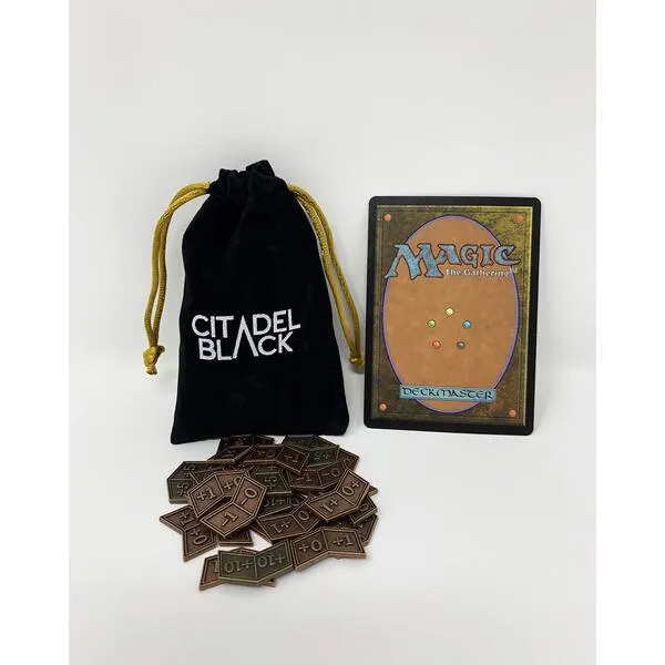 Citadel Black MTG Buff Counters Expansion Set of 30 Metal Tokens - with Velvet Drawstring Pouch, Antique Gold & Copper Finish Metal Tokens, Magic: The Gathering