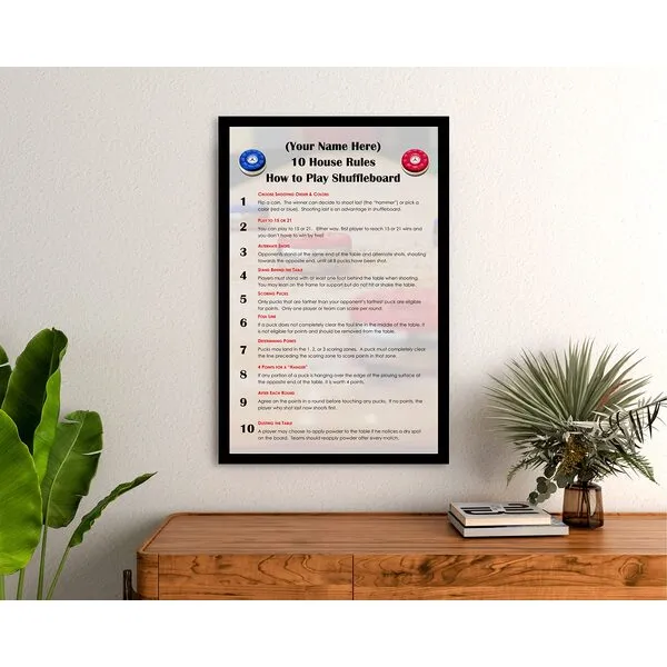Zieglerworld Personalized 10 Simple Table Shuffleboard House Rules - Framed