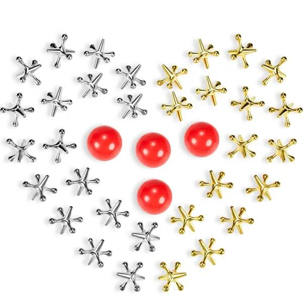 Gejoy 4 Set Vintage Metal Jacks and Ball Toys Kit Retro Jax Game, Classic Board Games Include 40 Pieces Metal Jacks and 4 Pieces Red Rubber Balls with Bag for Kids Adults Family Christmas Party Favor