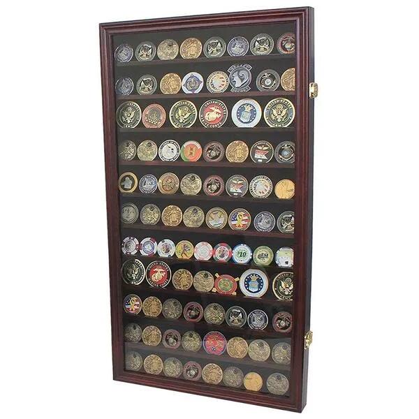 flag connections Large Military Challenge Coin Display Case Cabinet Rack Holder, Poker Chip, Geo Coin Display Cabinet (Mahogany Finish)