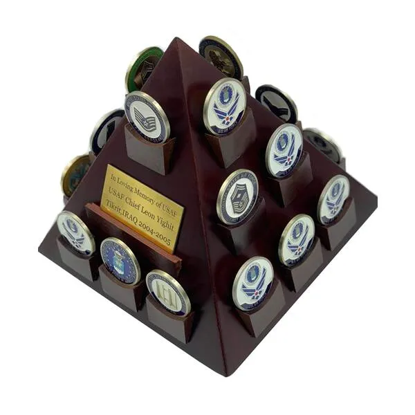 DECOMIL - Pyramid Shaped Military Challenge Coin & Poker/Casino Chip Display Solid Wood - Cherry Finish Customize