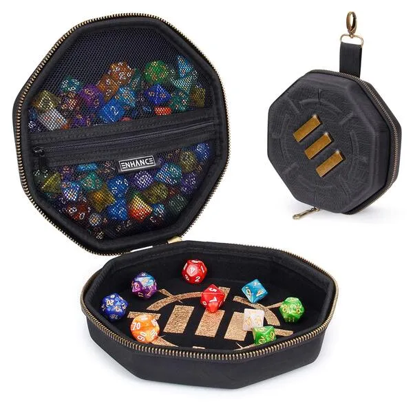 ENHANCE DND Dice Tray and Dice Case - DND Dice Holder for up to 150 D&D Dice with Rugged Hard Shell Exterior and Protective Soft Interior - Dice Rolling Tray Perfect for Game Night (Black)