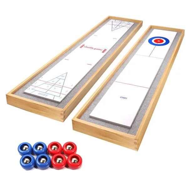 GSE Games & Sports Expert 2-in-1 Solid Wood Mini Shuffleboard and Curling Tabletop Game Board Set with 8 Rollers for Family and Friends