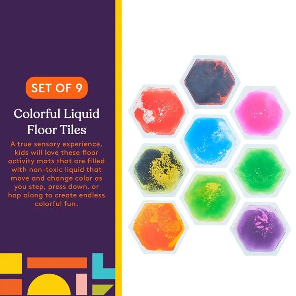 Special Supplies Hexagon Floor Liquid Tiles for Kids, Set of 9, Colorful Early Learning Activity Mats for Toddlers and Children, Anti-Slip Backing for Active Play, Dance, and Games