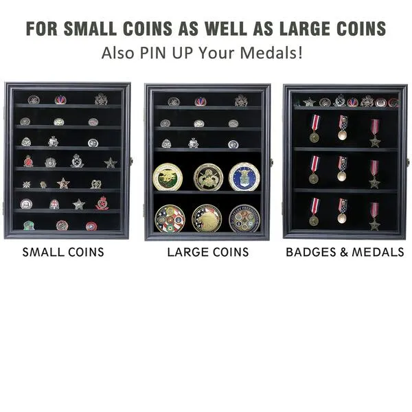 Military Challenge Coin Display Case Lockable Wood Cabinet Rack Holder Black Shadow Box with Removable 2 Grooves Shelves and Anti Fade Real Glass Door for Casino Poker Chips Collectibles