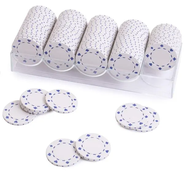 Brybelly Poker Chip Set with Acrylic Chip Tray, 100 Ct - 11.5g Lightweight, Blank Poker Chips with Card Suit Symbols and Poker Chip Holder - Rack Me Up Bundle, White